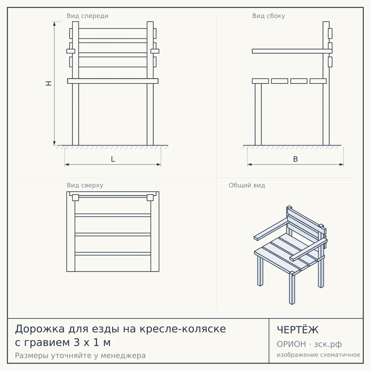 Дорожка для езды на кресле-коляске с гравием 3 x 1 м — чертёж