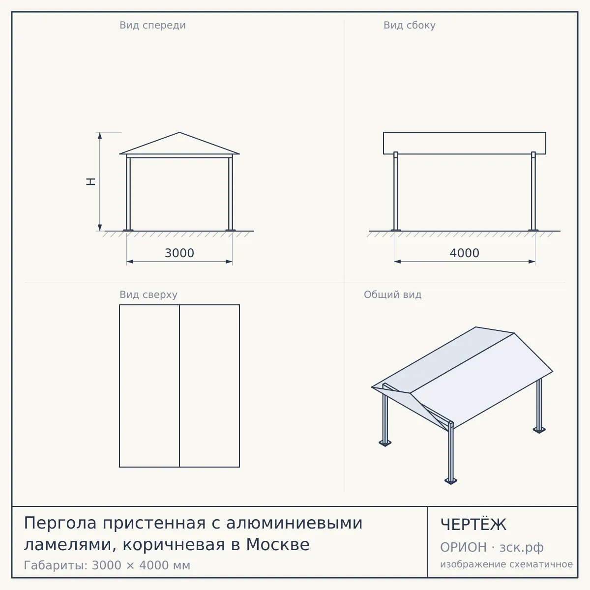 Пергола пристенная с алюминиевыми ламелями, коричневая в Москве — чертёж